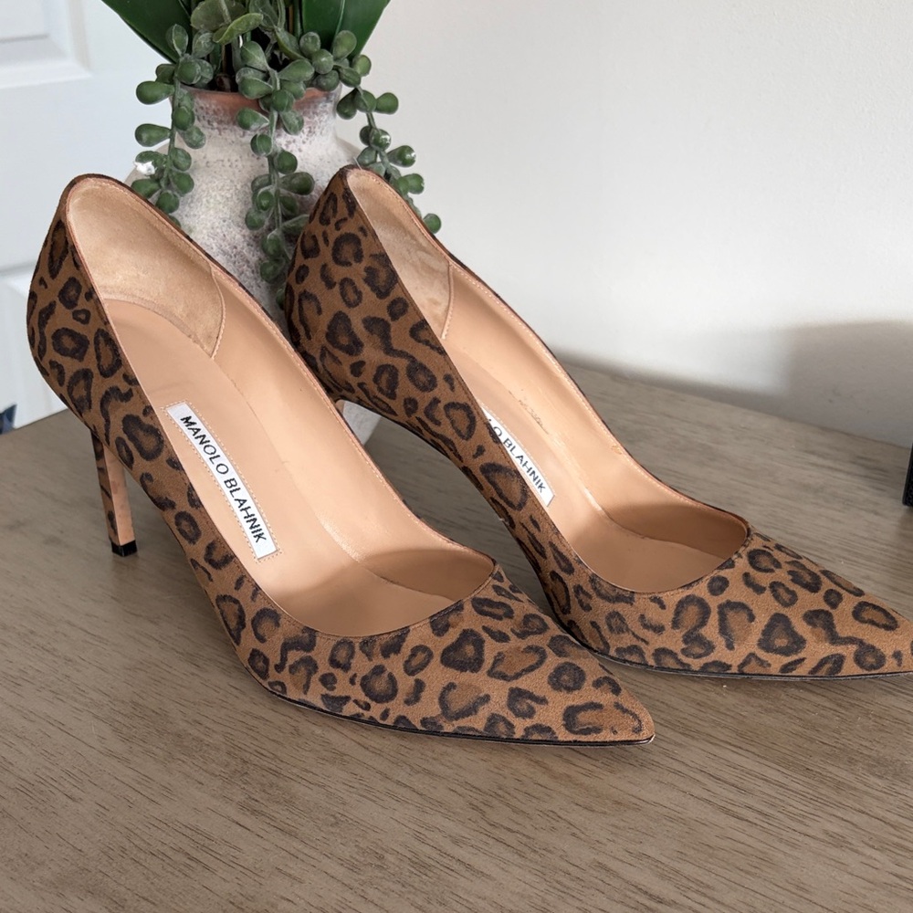 Manolo Blahnik Leopard-Print Suede Pointed-Toe Pumps in Brown